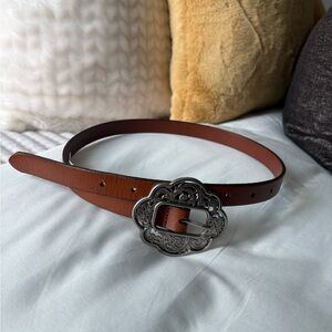 American Eagle Outfitters Tan Leather Belt with Ornate Silver Buckle